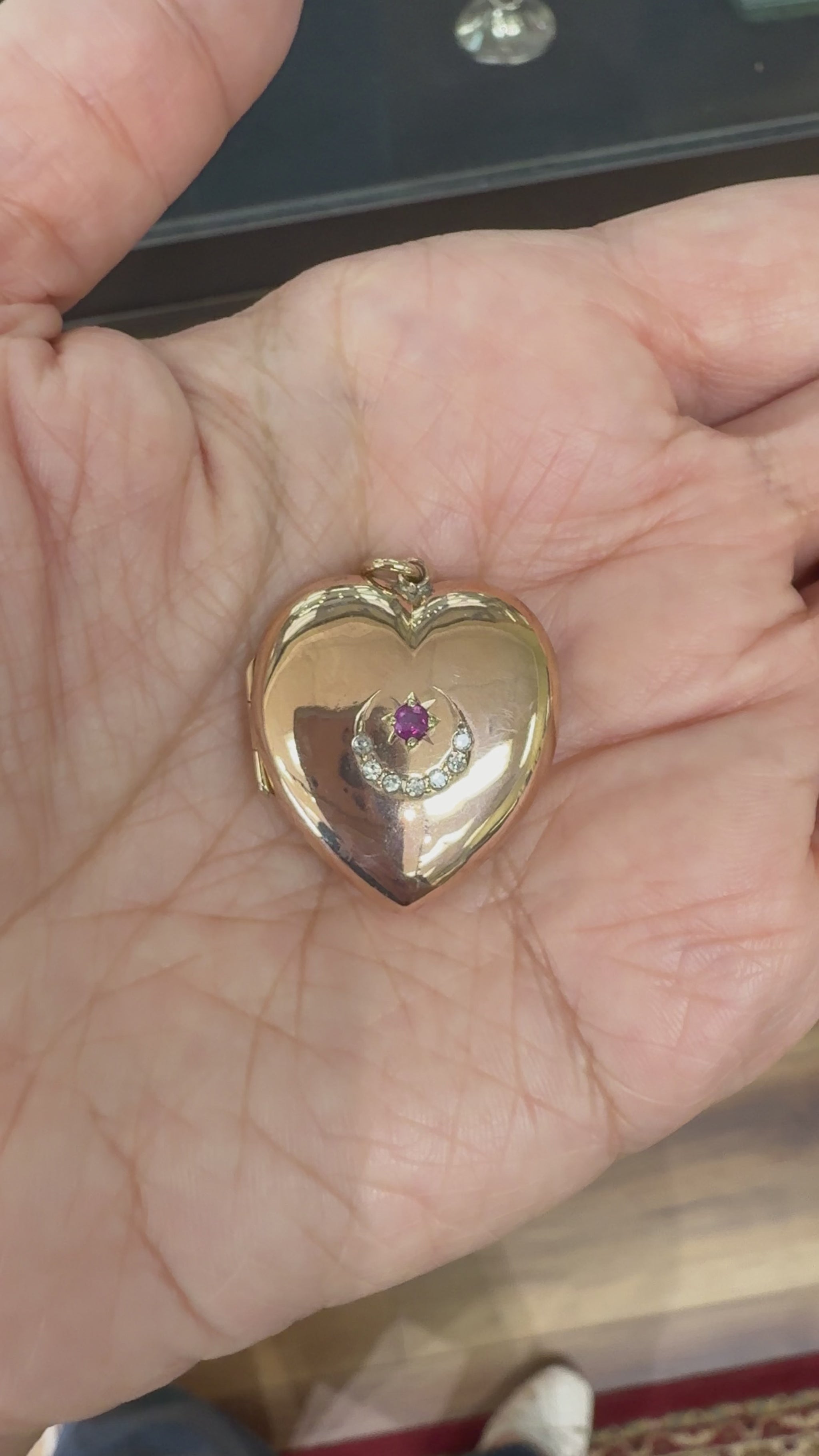 Antique 1908 Ruby and Diamond Sun & Crescent Moon Heart Locket Pendant 9k Gold