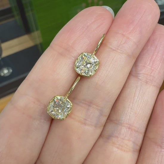 Collet Set GIA Old Mine Cut Cushion Diamond Drop Earrings 18k Yellow Gold