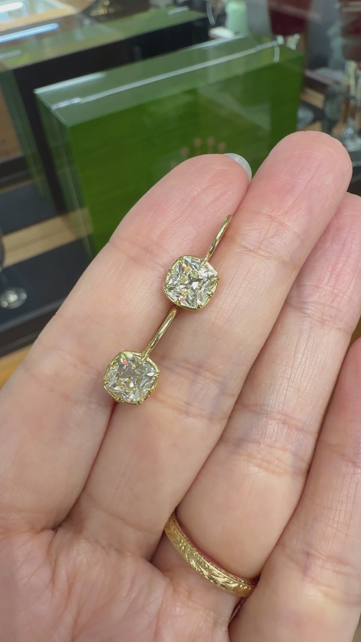 Collet Set GIA Old Mine Cut Cushion Diamond Drop Earrings 18k Yellow Gold
