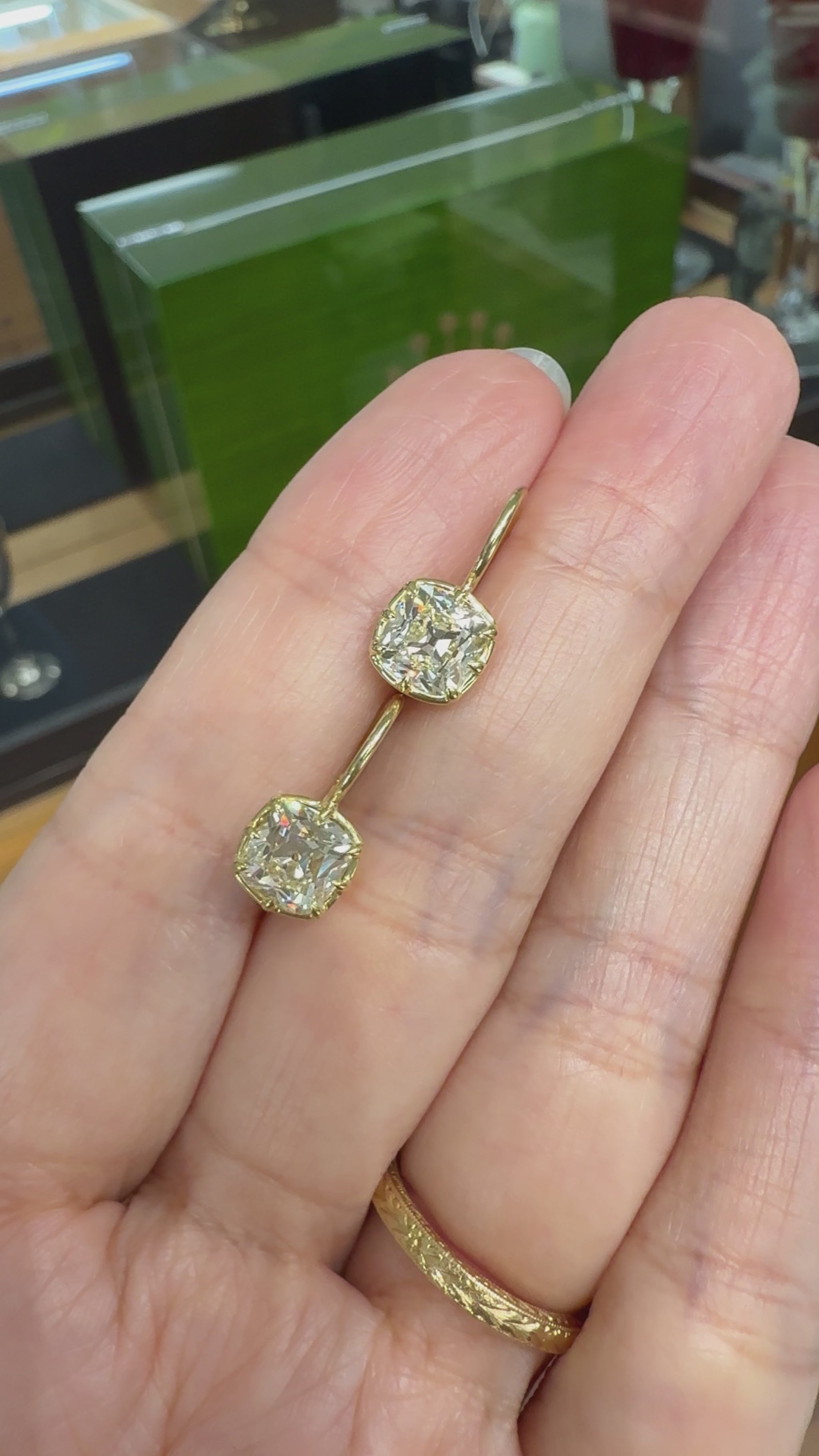 Collet Set GIA Old Mine Cut Cushion Diamond Drop Earrings 18k Yellow Gold