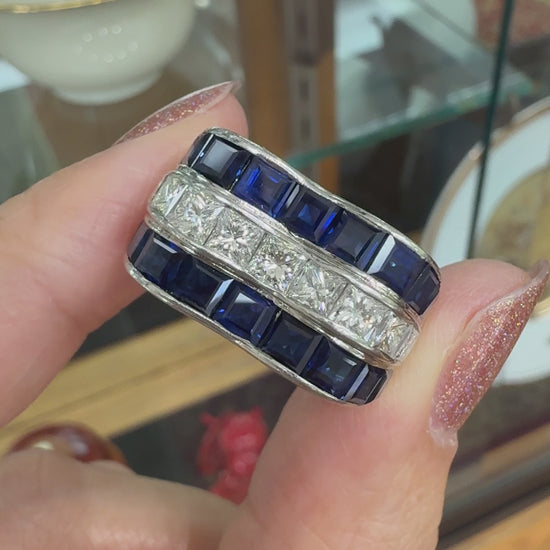 Vintage Princess Cut Sapphire and Diamond Ring Platinum
