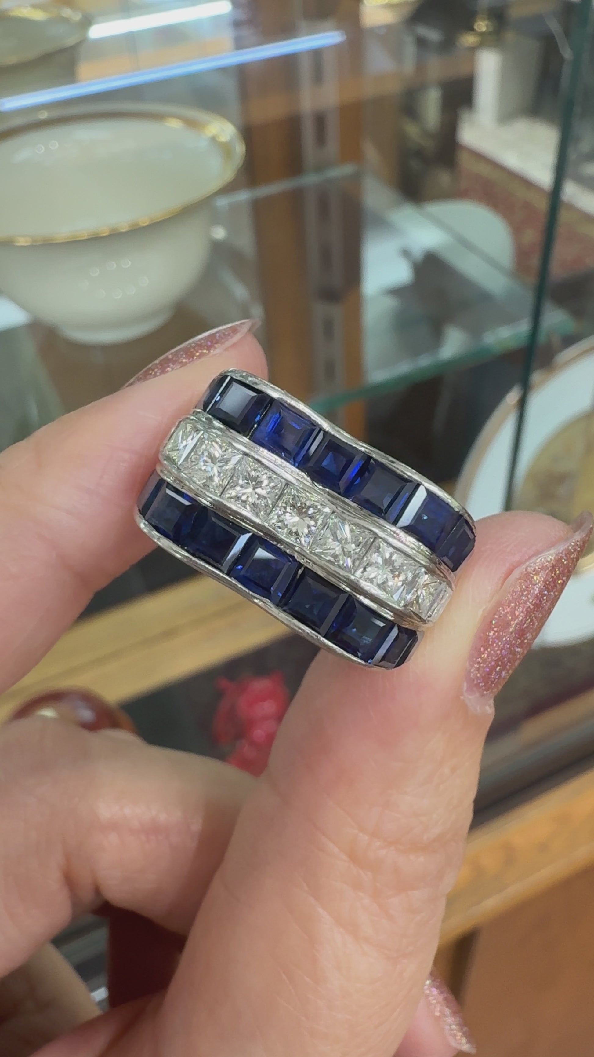 Vintage Princess Cut Sapphire and Diamond Ring Platinum