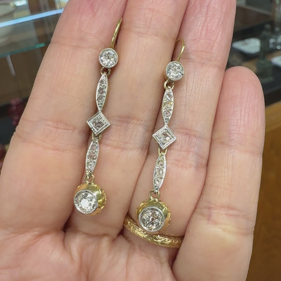 Antique Old Mine Cut Diamond Dangle Earrings 17-18k Gold