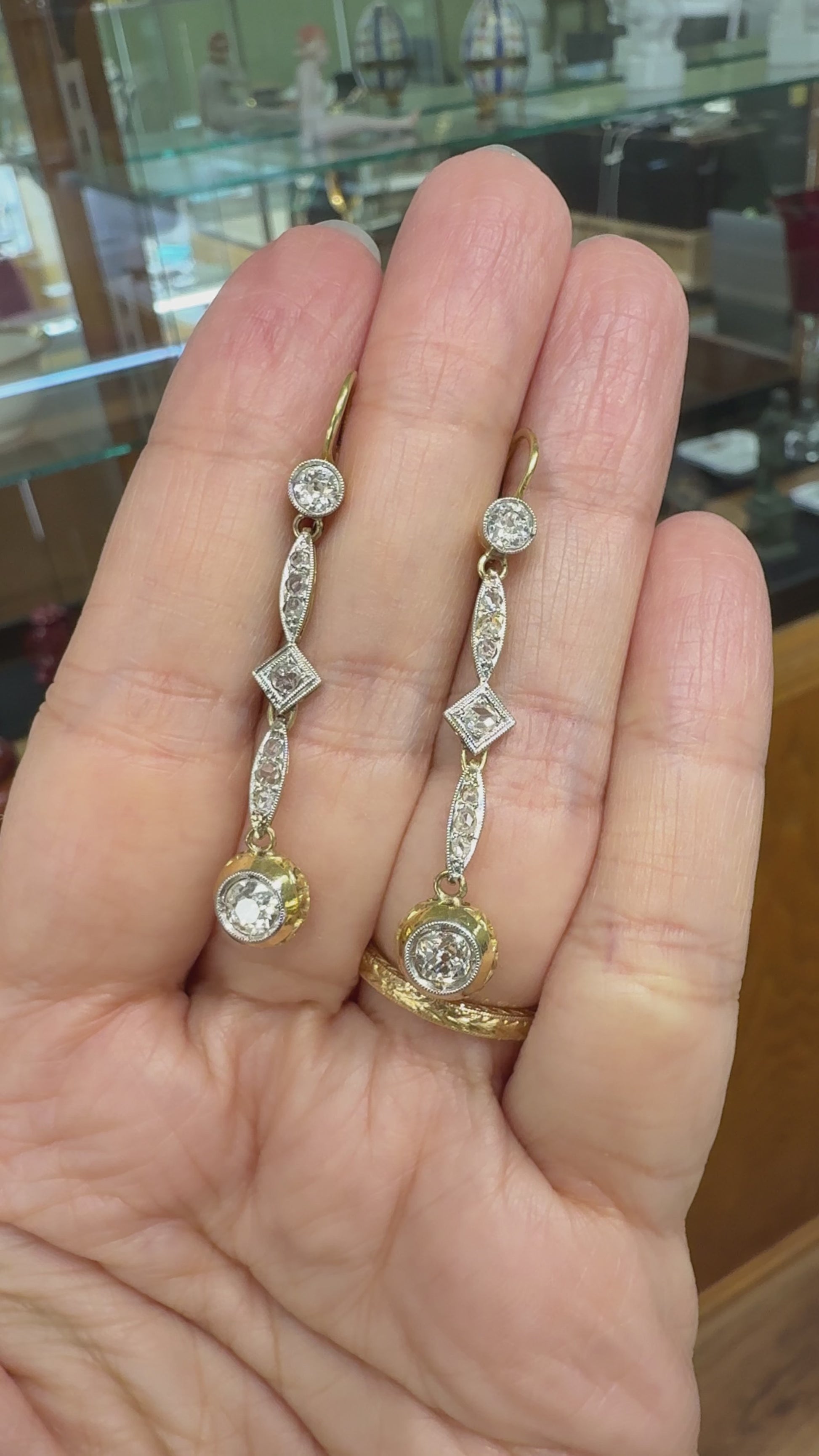 Antique Old Mine Cut Diamond Dangle Earrings 17-18k Gold
