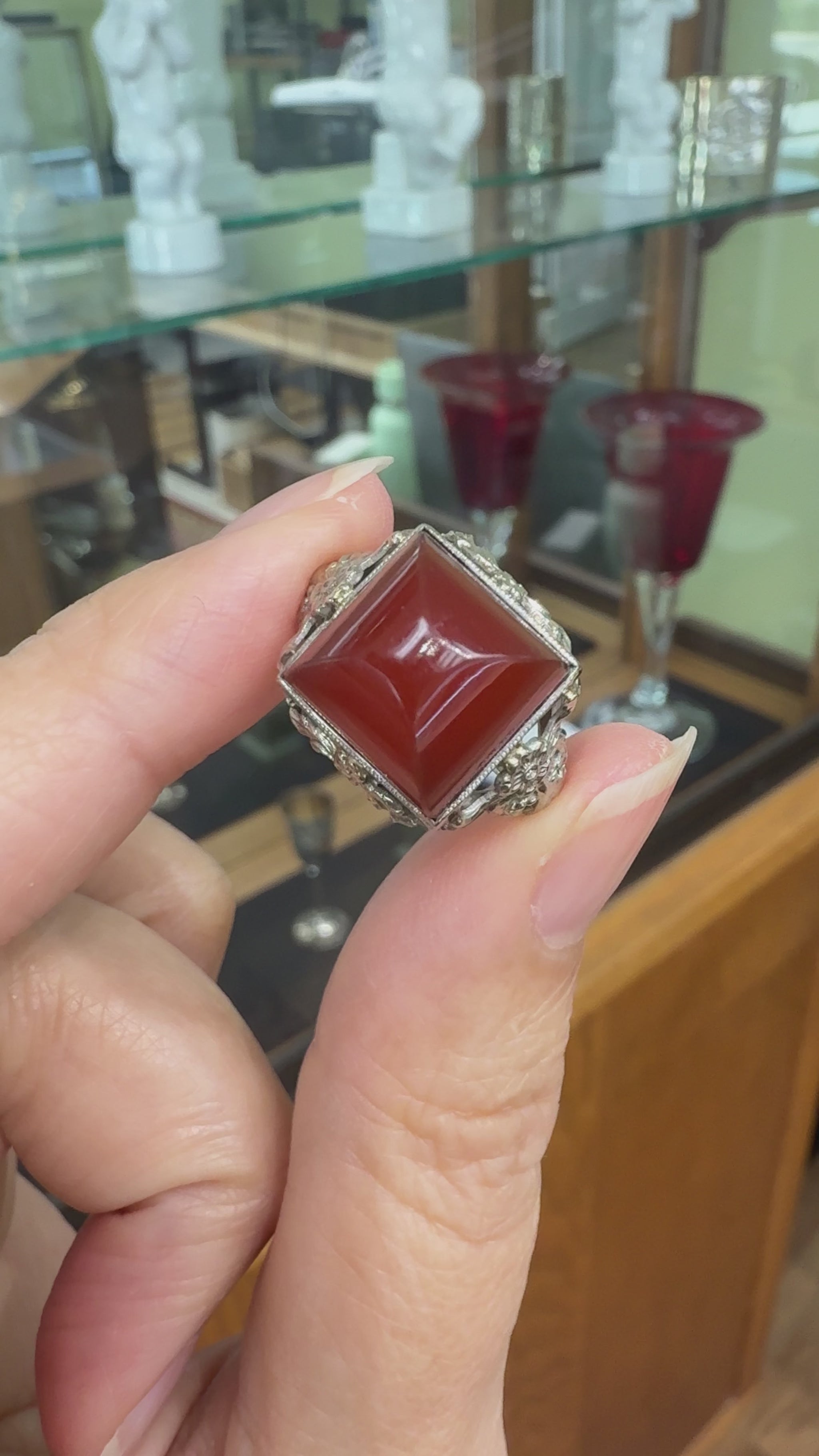 Art Deco 14K White Gold Carnelian Sugar Loaf Stone Ring