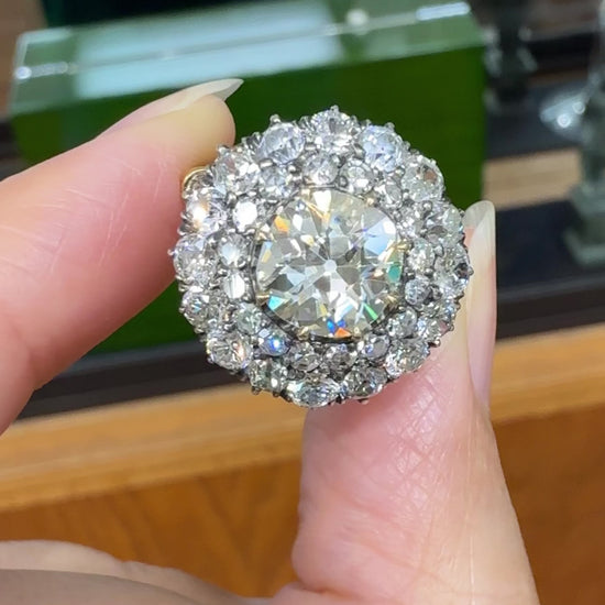 Vintage Old Mine Cut Double Halo Diamond Engagement Ring 18k/Silver