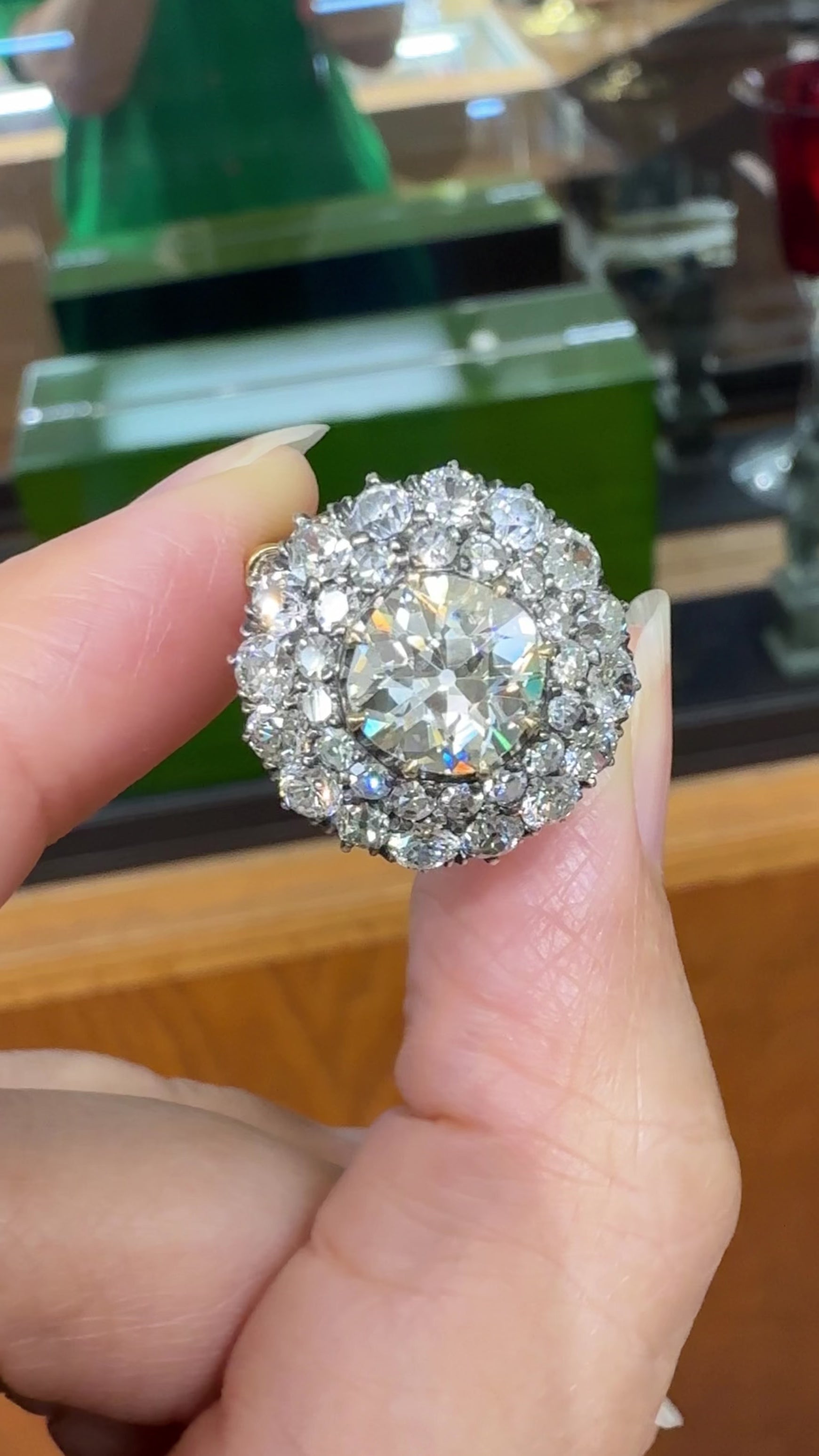 Vintage Old Mine Cut Double Halo Diamond Engagement Ring 18k/Silver