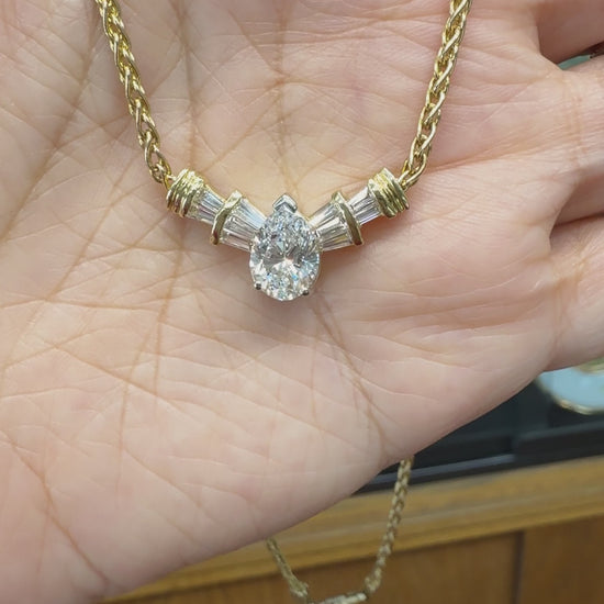 Diamond Pear and Baguette Necklace 14k Yellow Gold