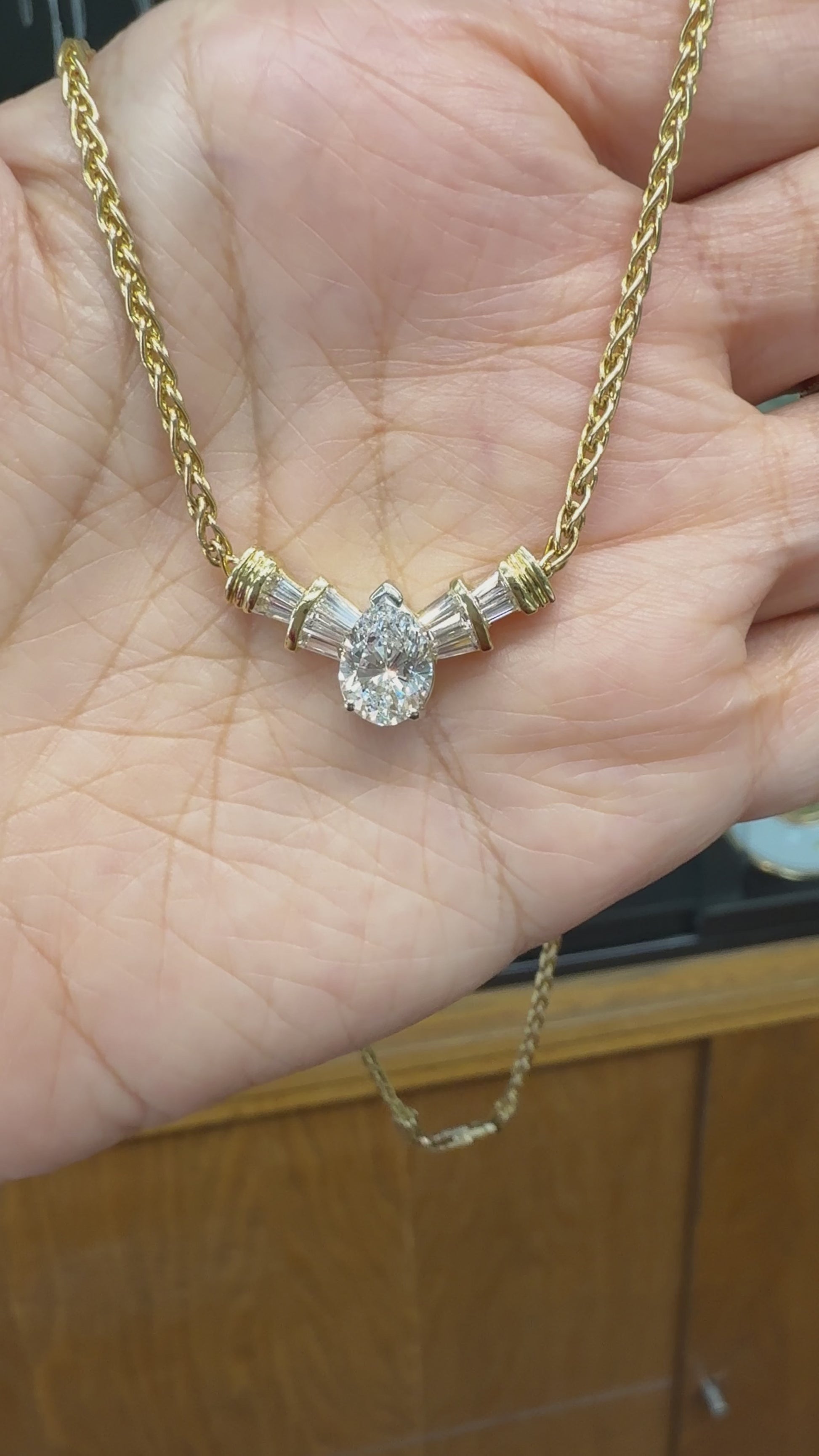 Diamond Pear and Baguette Necklace 14k Yellow Gold