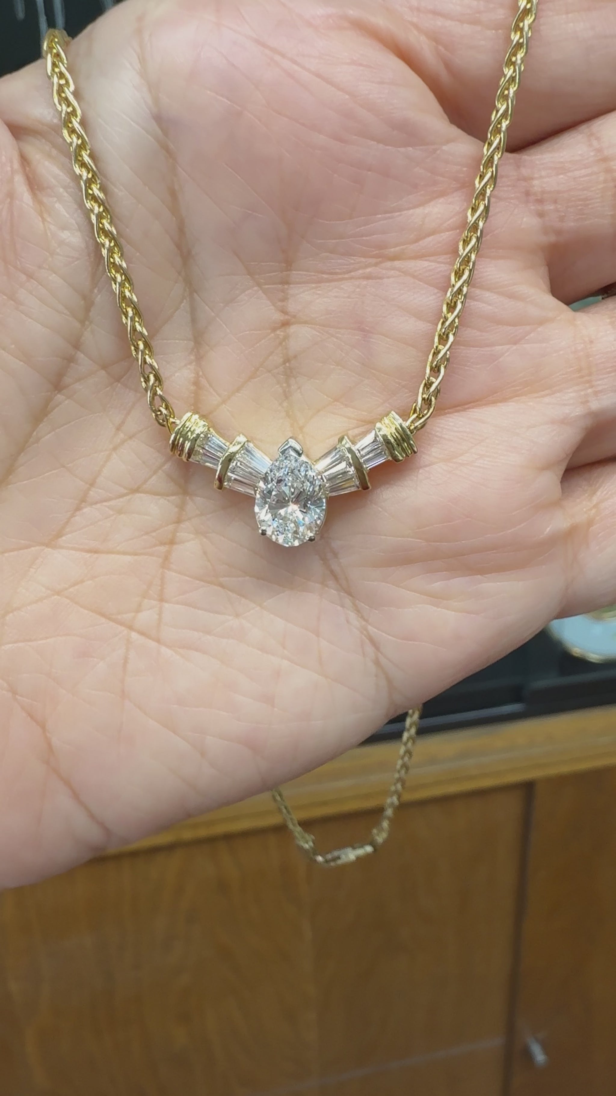 Diamond Pear and Baguette Necklace 14k Yellow Gold