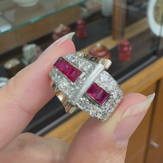 1935 Retro Ruby and Transitional Cut Diamond Two Tone Ring 18k/Plat