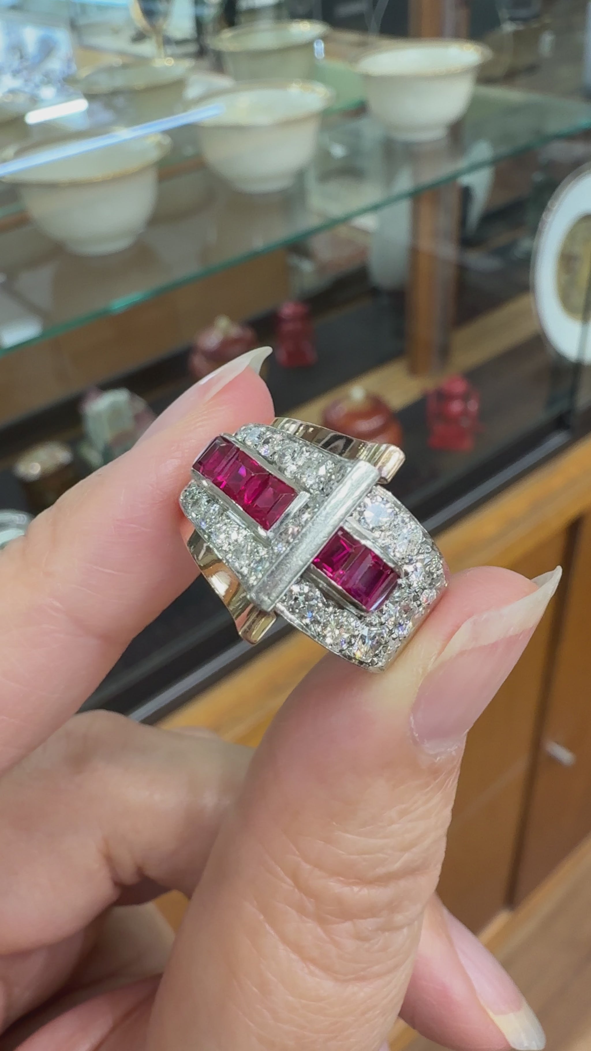 1935 Retro Ruby and Transitional Cut Diamond Two Tone Ring 18k/Plat