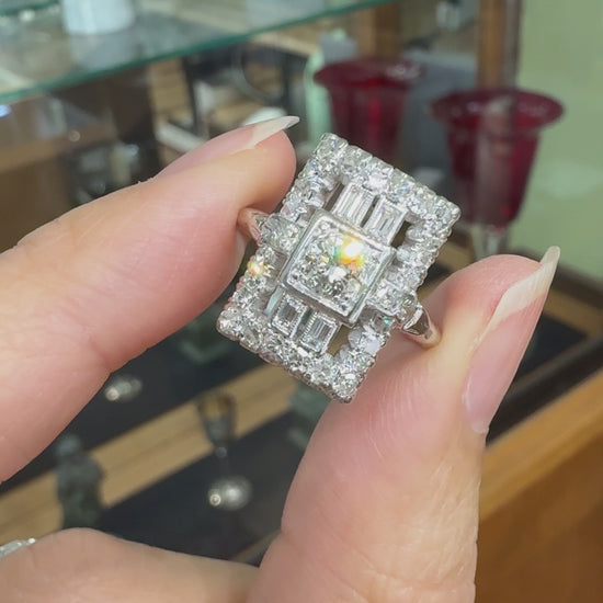 Art Deco Old Cut Diamond Panel Shield Ring Platinum