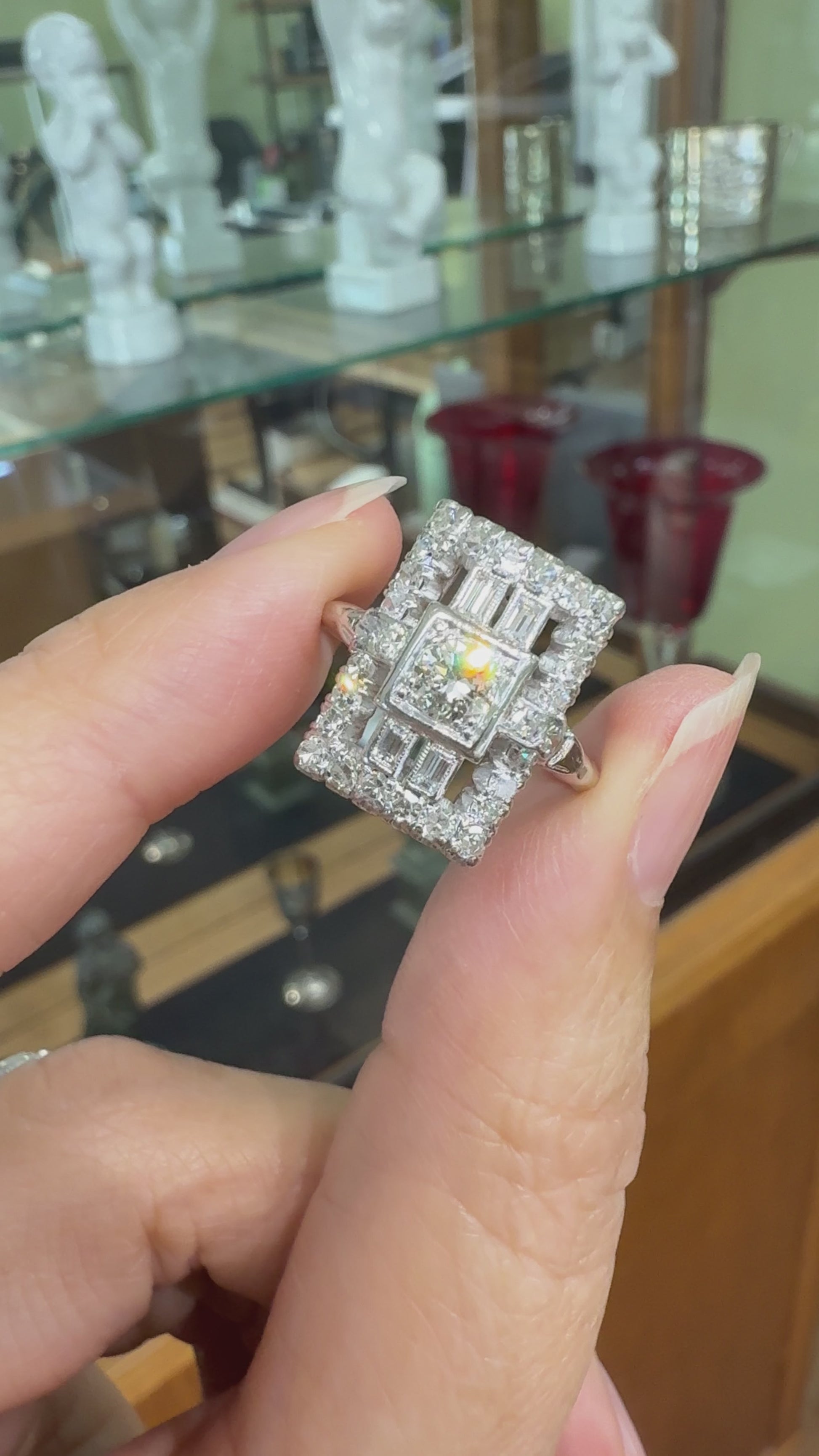 Art Deco Old Cut Diamond Panel Shield Ring Platinum