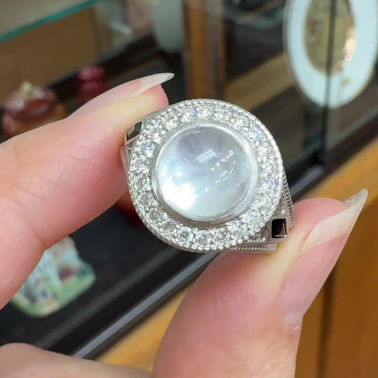 White Topaz Cabochon and Sapphire Diamond Ring 18k White Gold