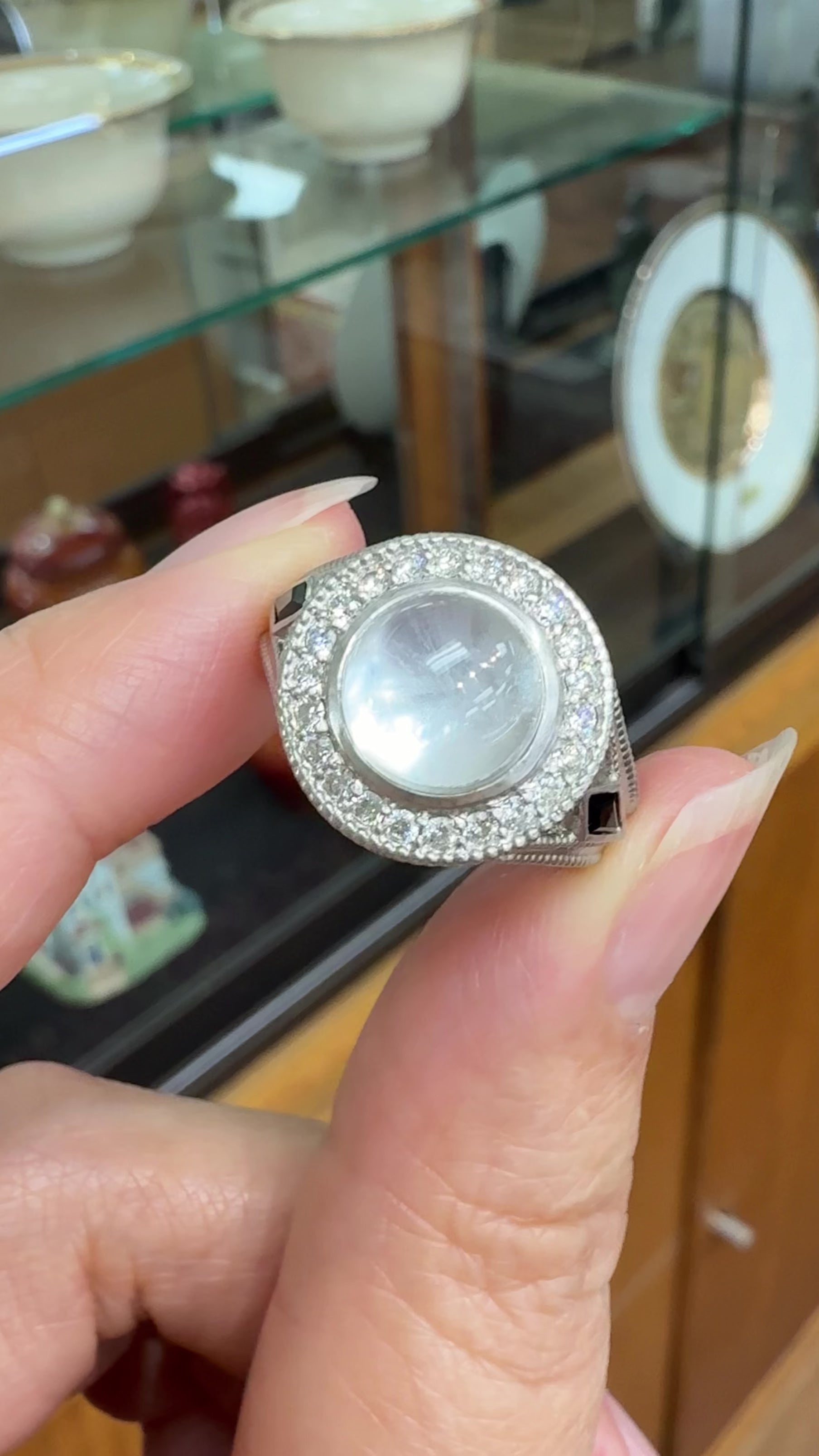 White Topaz Cabochon and Sapphire Diamond Ring 18k White Gold