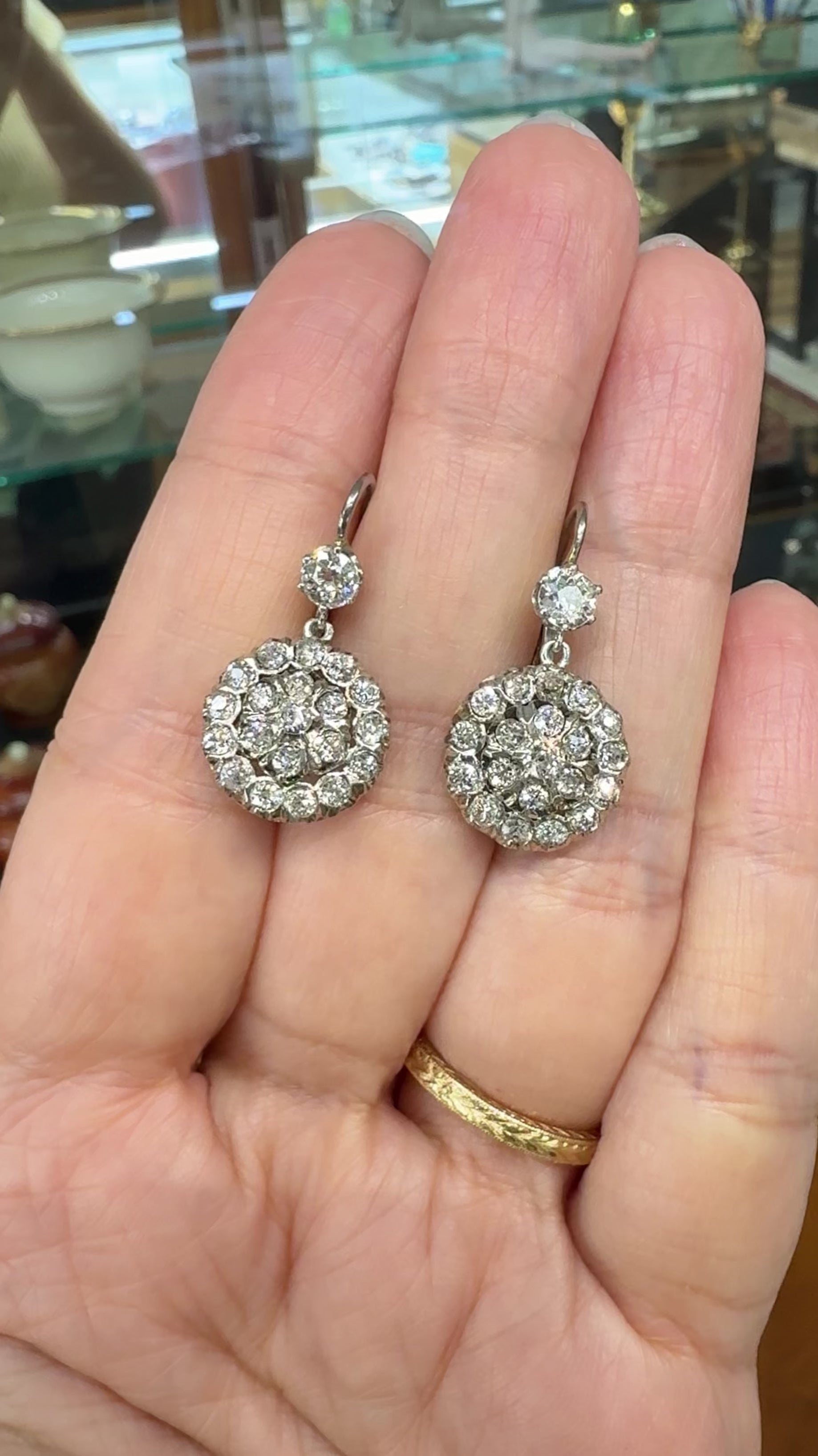 Vintage Old Mine Cut Diamond Drop Earrings Silver/Gold