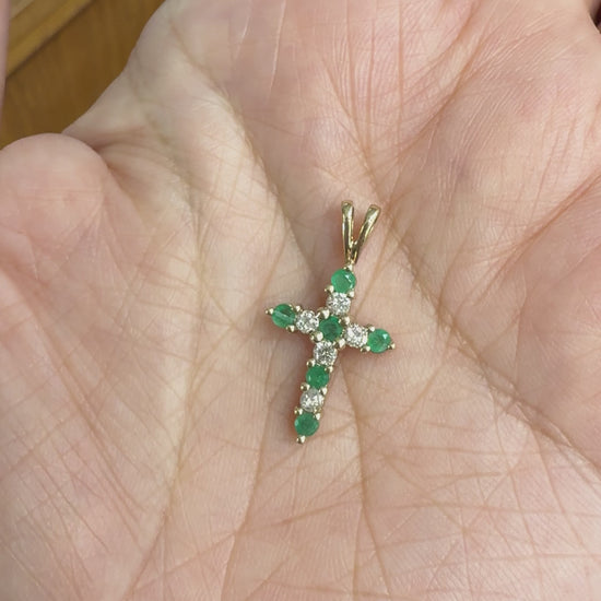 Small Diamond and Emerald Cross Pendant 10k Yellow Gold