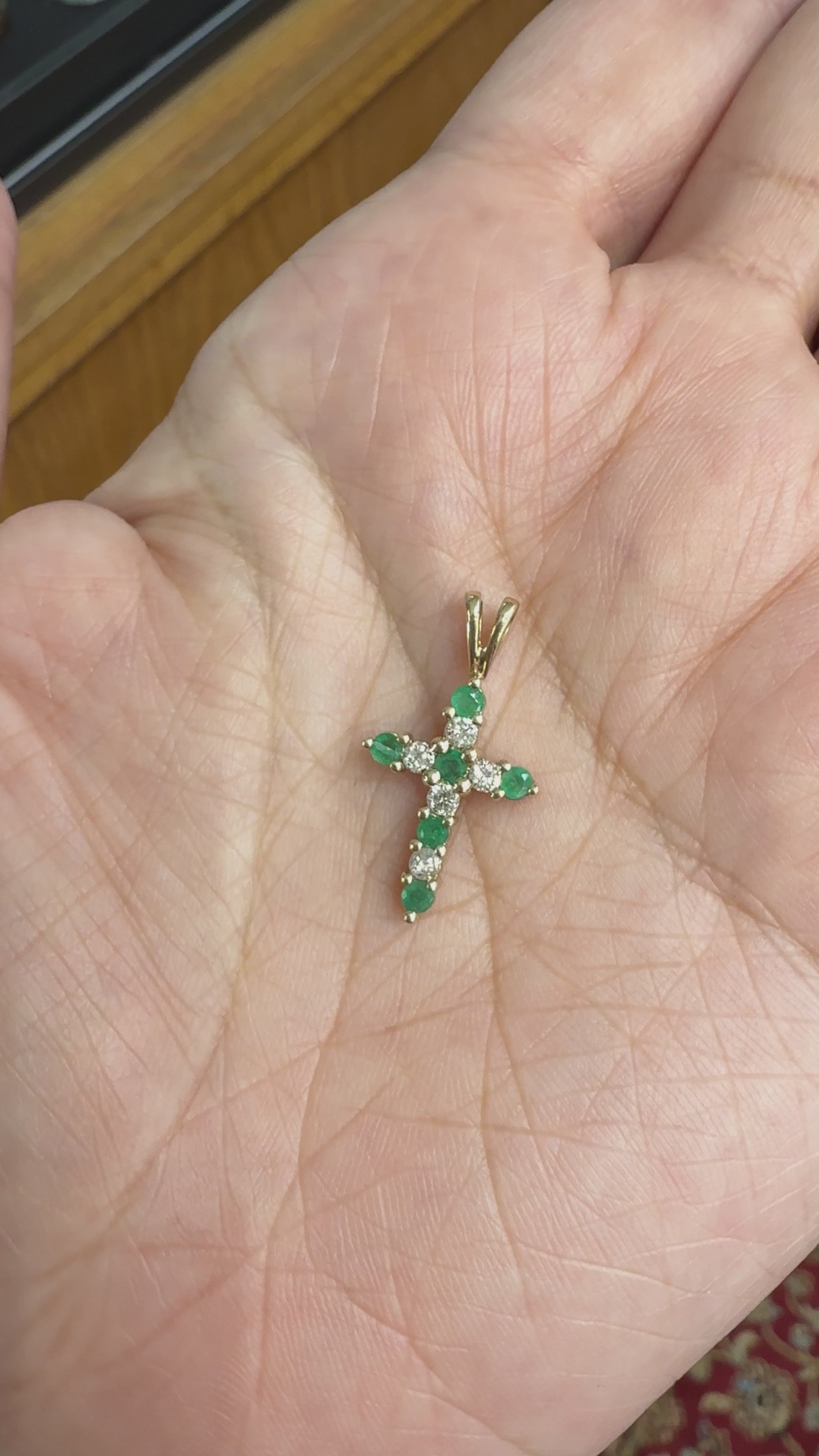 Small Diamond and Emerald Cross Pendant 10k Yellow Gold