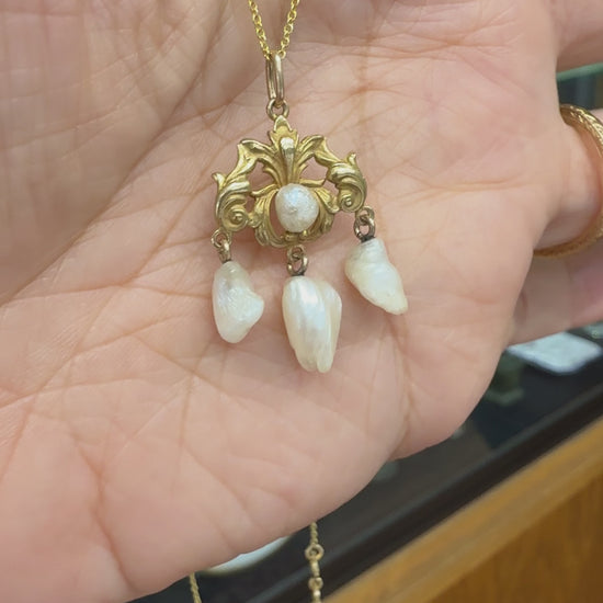 Antique 1905 Art Nouveau Pearl Drop Pendant Necklace 14k Yellow Gold