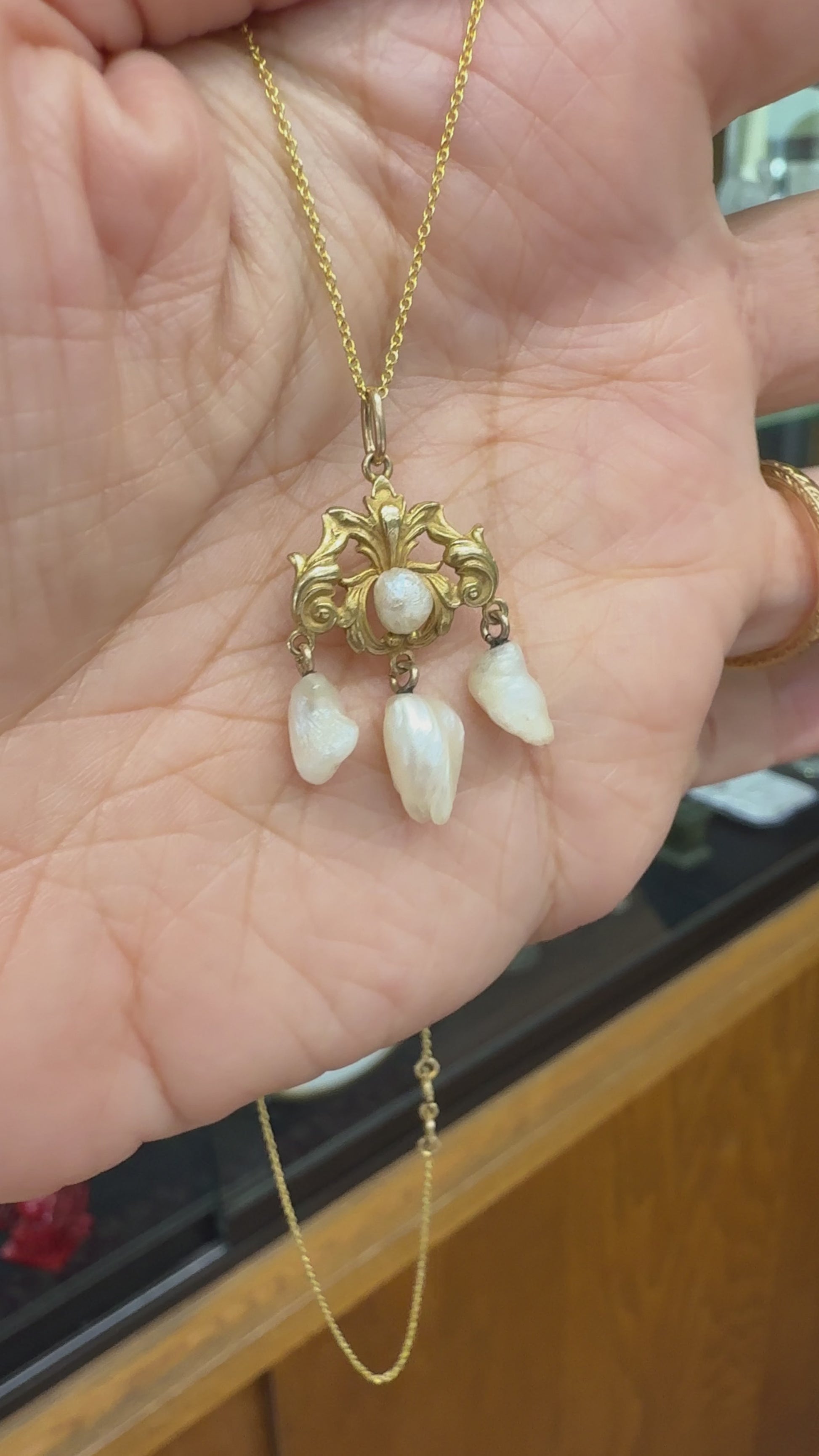 Antique 1905 Art Nouveau Pearl Drop Pendant Necklace 14k Yellow Gold