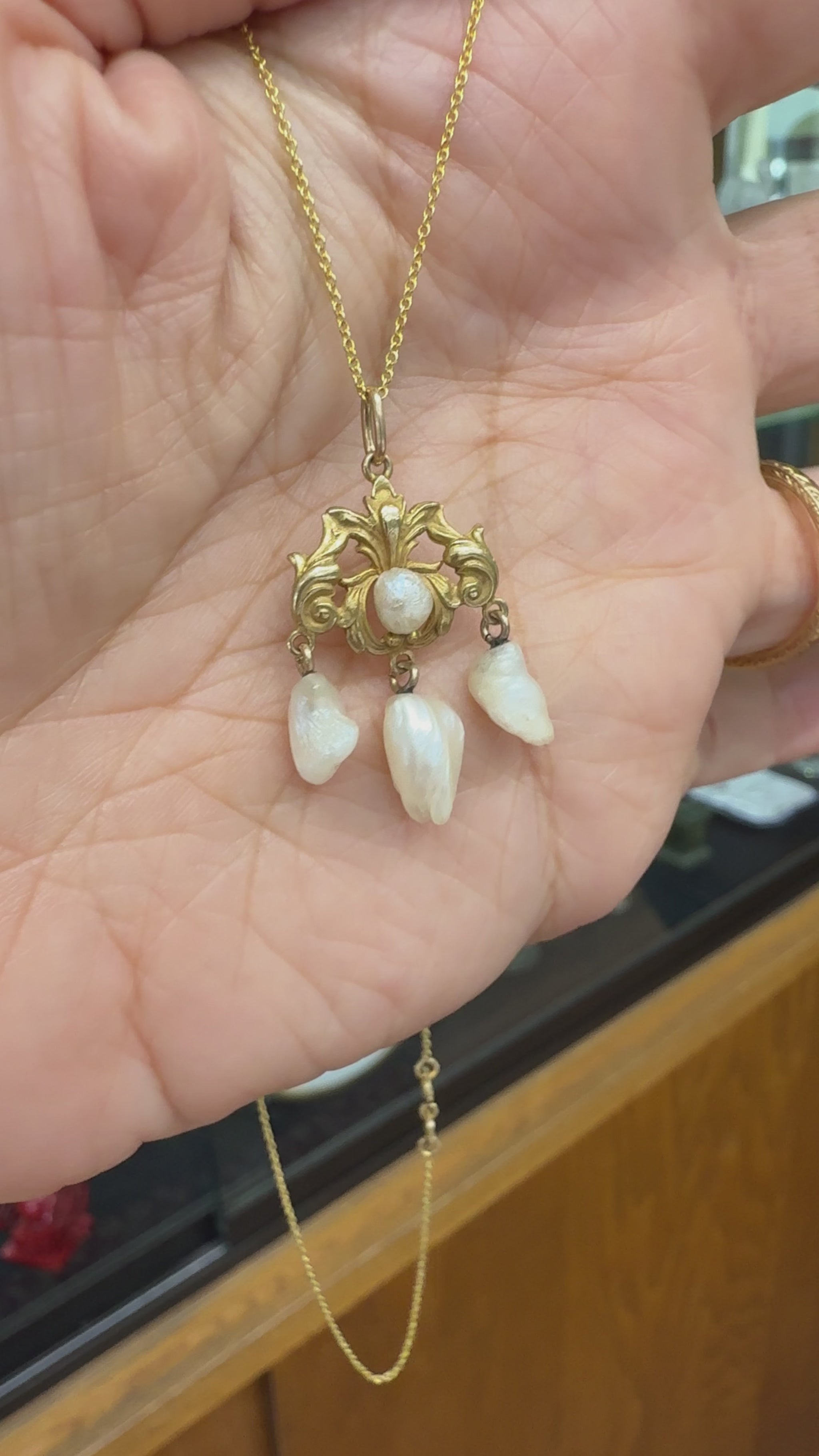 Antique 1905 Art Nouveau Pearl Drop Pendant Necklace 14k Yellow Gold