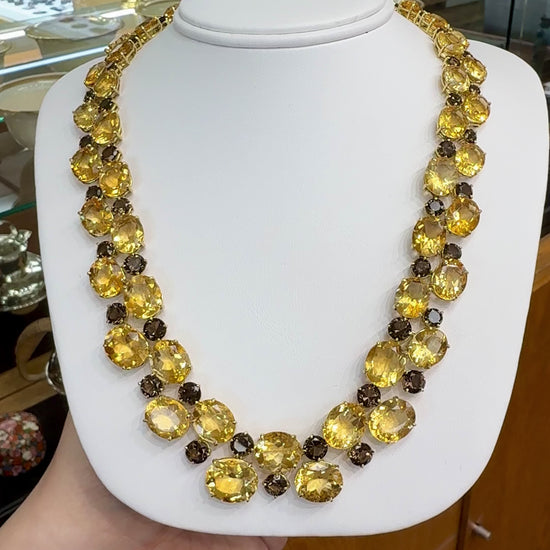 Vintage 1980's Citrine and Smoky Quartz Statement Necklace 18k Yellow Gold