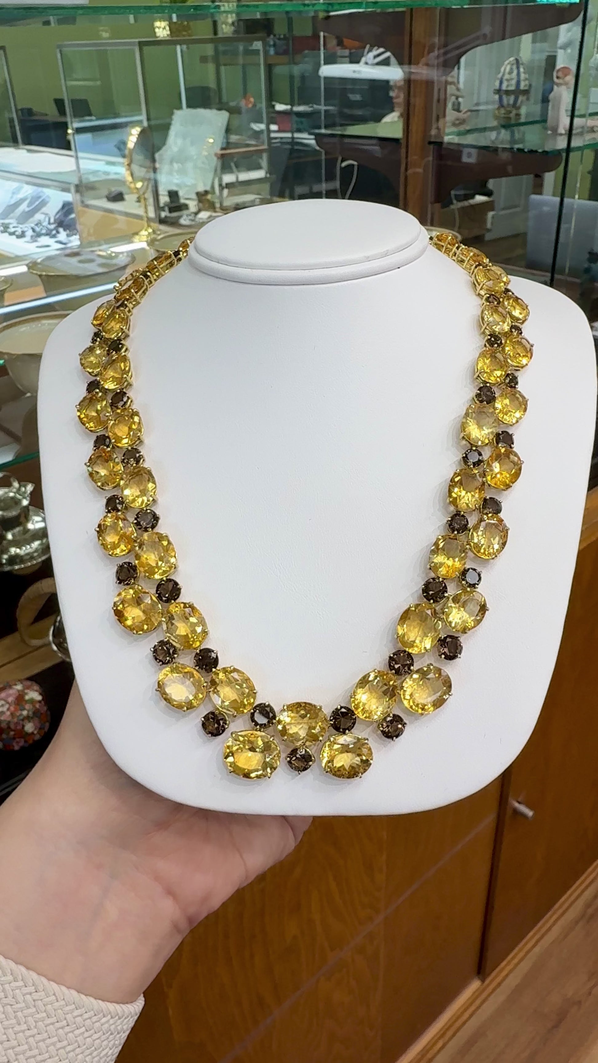 Vintage 1980's Citrine and Smoky Quartz Statement Necklace 18k Yellow Gold