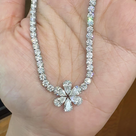 Platinum 24.5ctw Lab Diamond Flower Tennis Necklace 16.5"