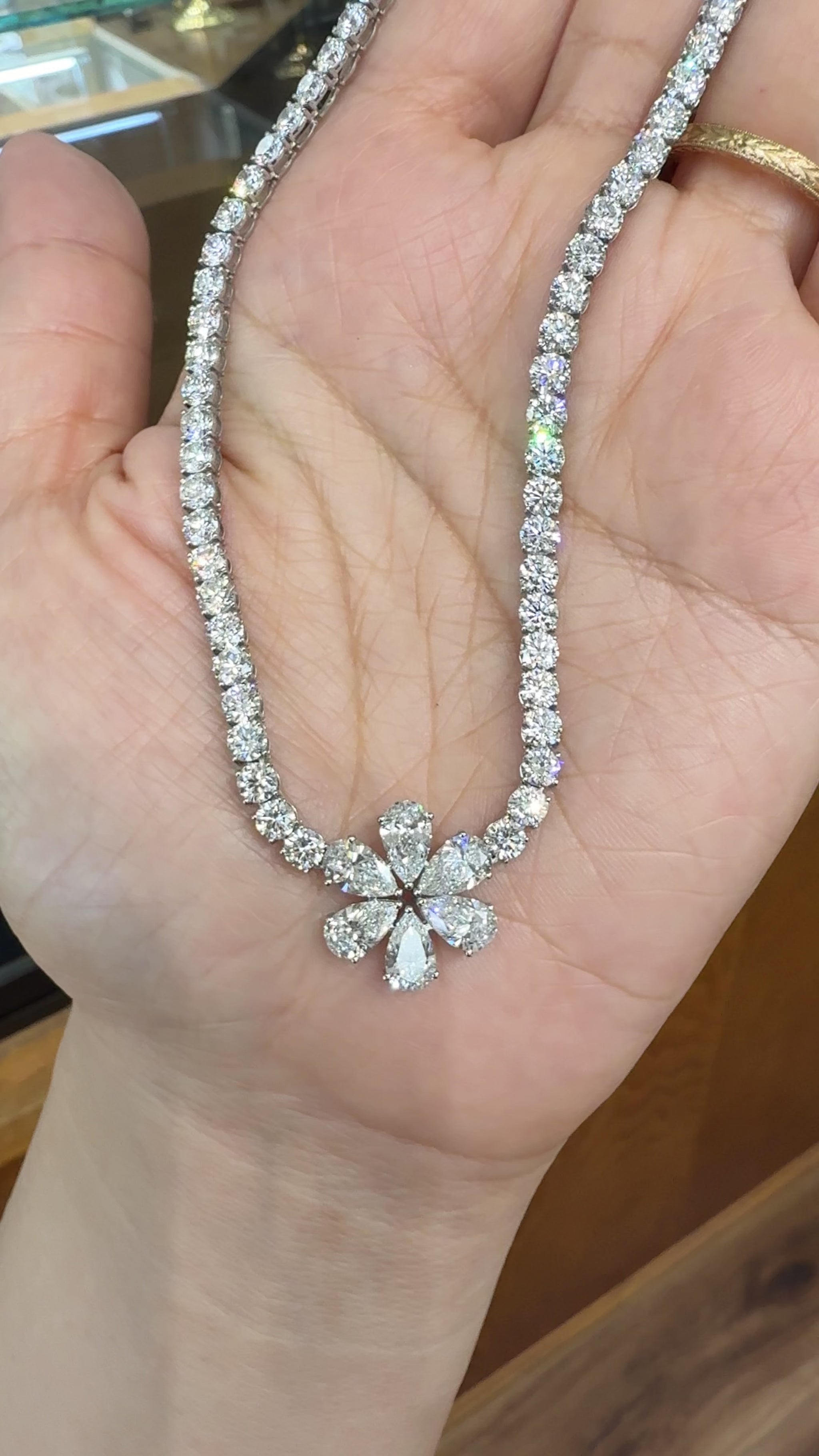 Platinum 24.5ctw Lab Diamond Flower Tennis Necklace 16.5"