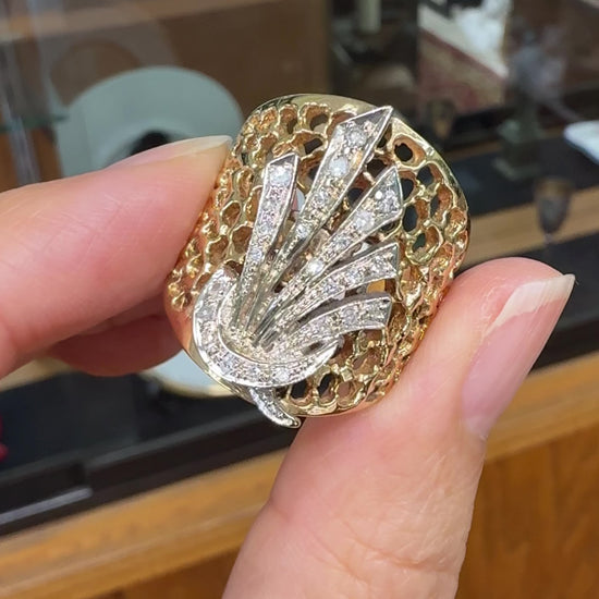 1980's Wide Diamond Statement Band Ring 14k Gold