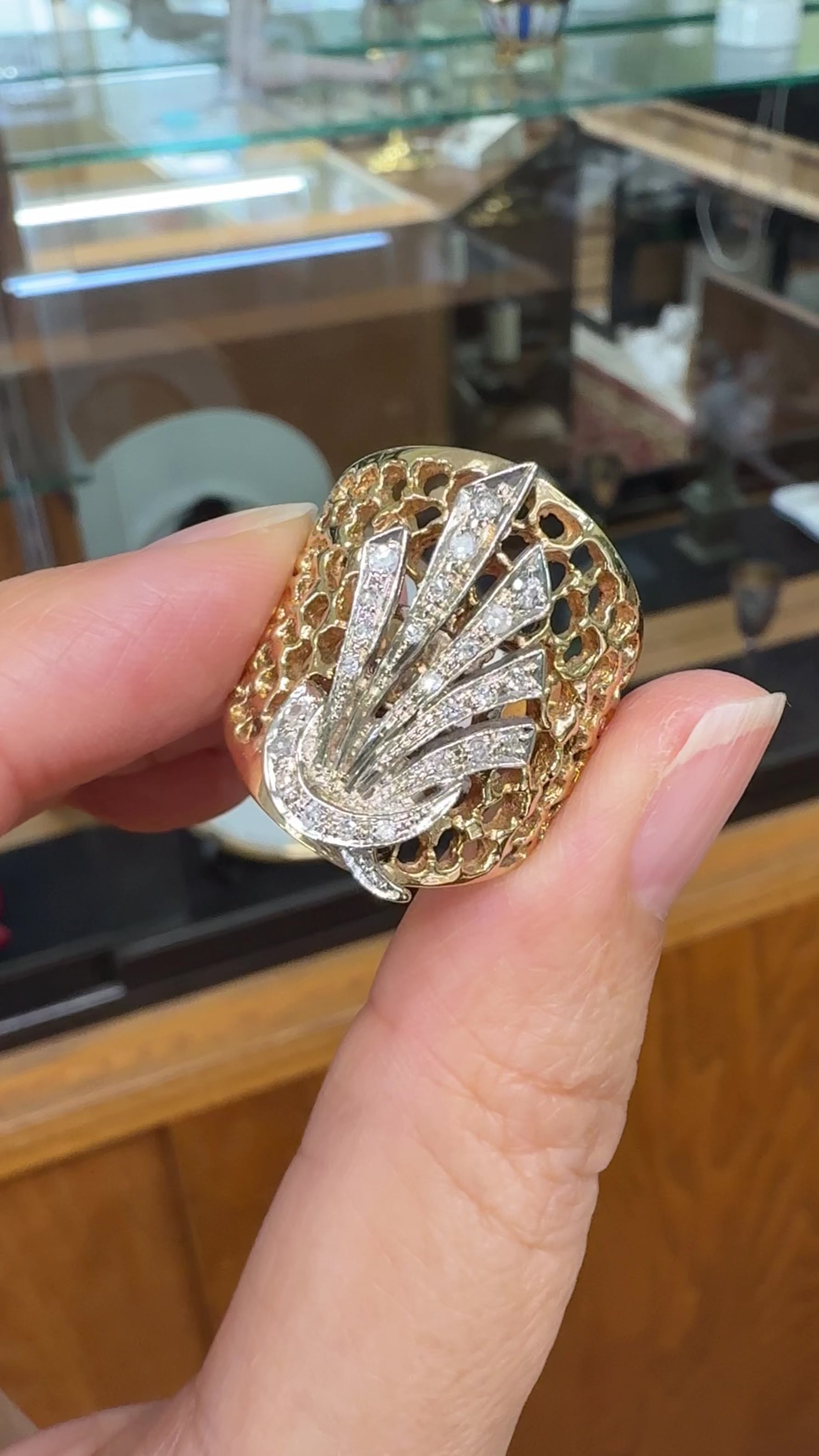 1980's Wide Diamond Statement Band Ring 14k Gold