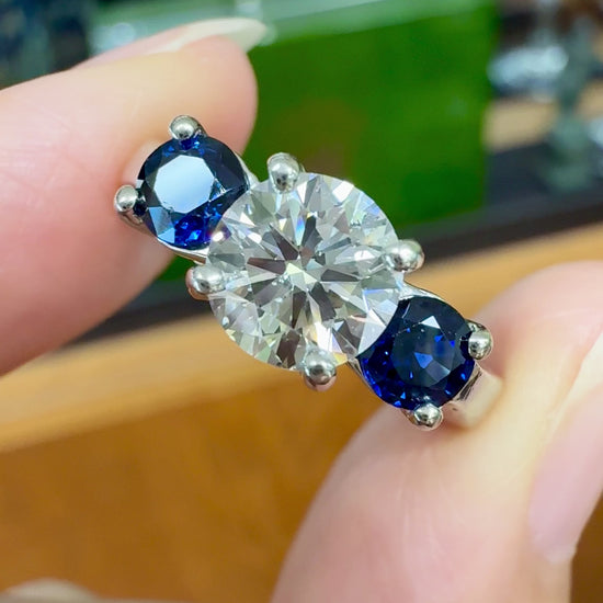 Vintage GIA Diamond and Sapphire 3 Stone Ring Platinum