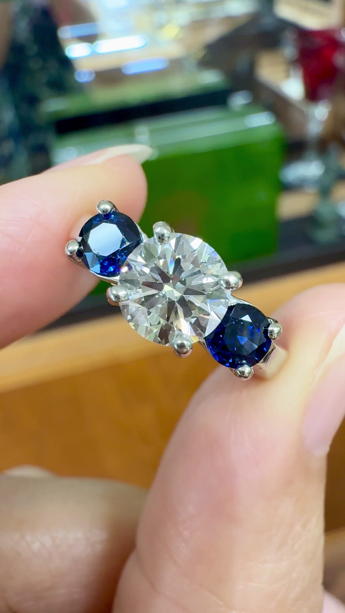 Vintage GIA Diamond and Sapphire 3 Stone Ring Platinum