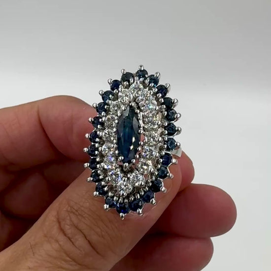 Estate 14k White Gold Sapphire and Diamond Cocktail Ring