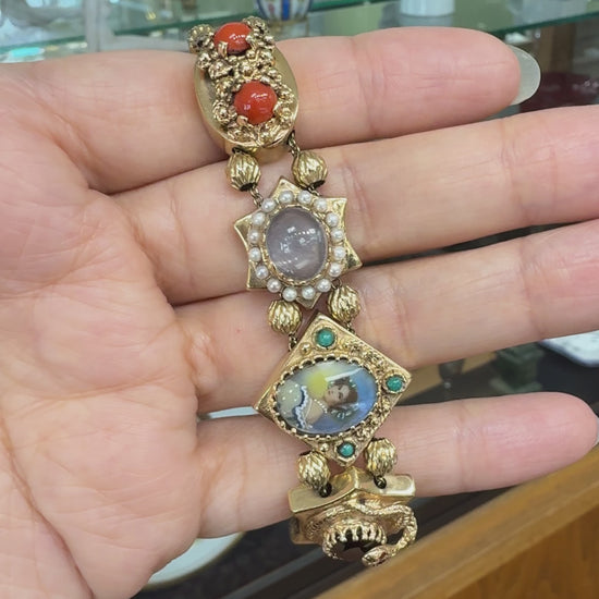 Vintage 1950's Intricate Gemstone Slide Bracelet 14k Yellow Gold