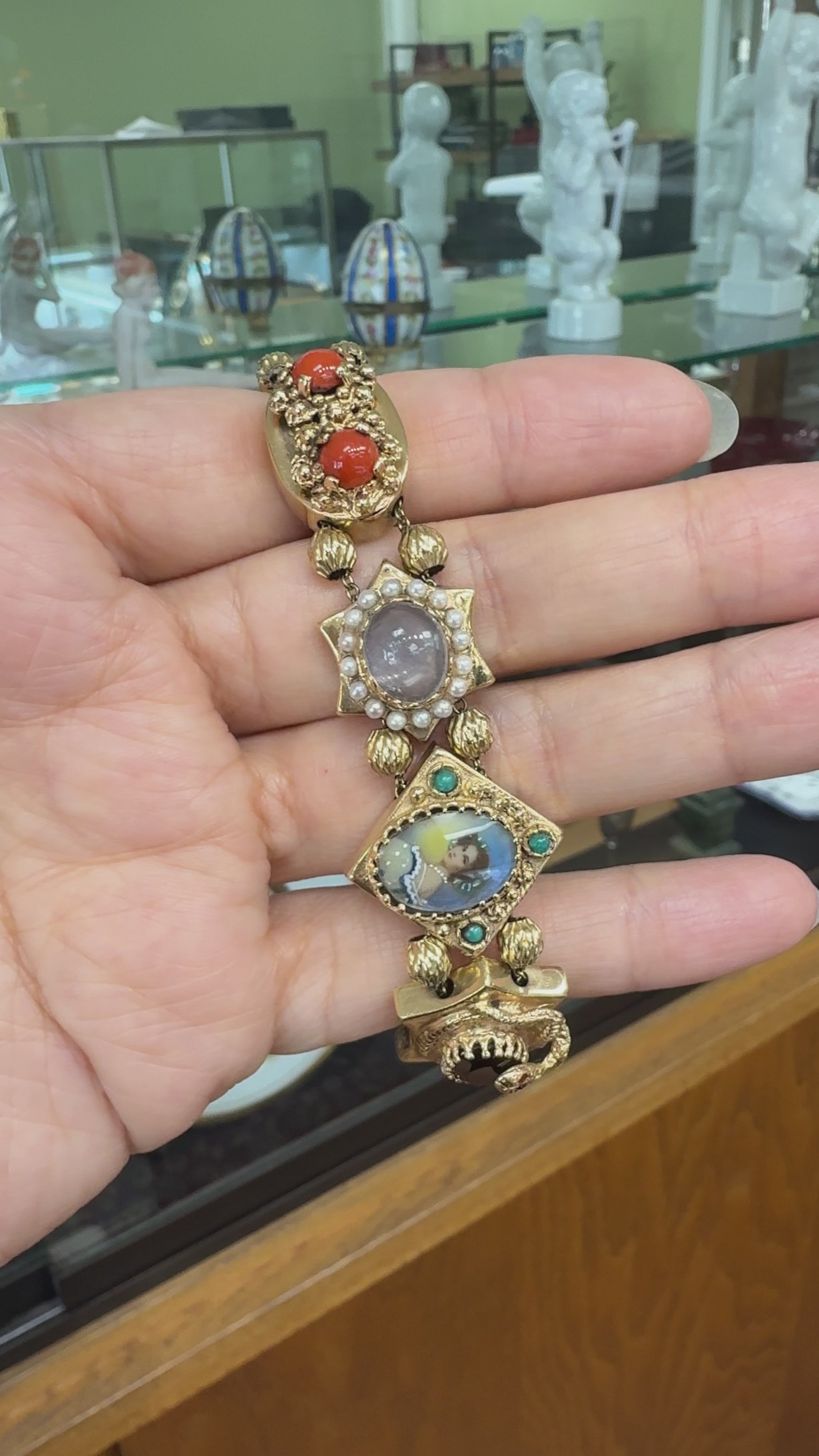 Vintage 1950's Intricate Gemstone Slide Bracelet 14k Yellow Gold