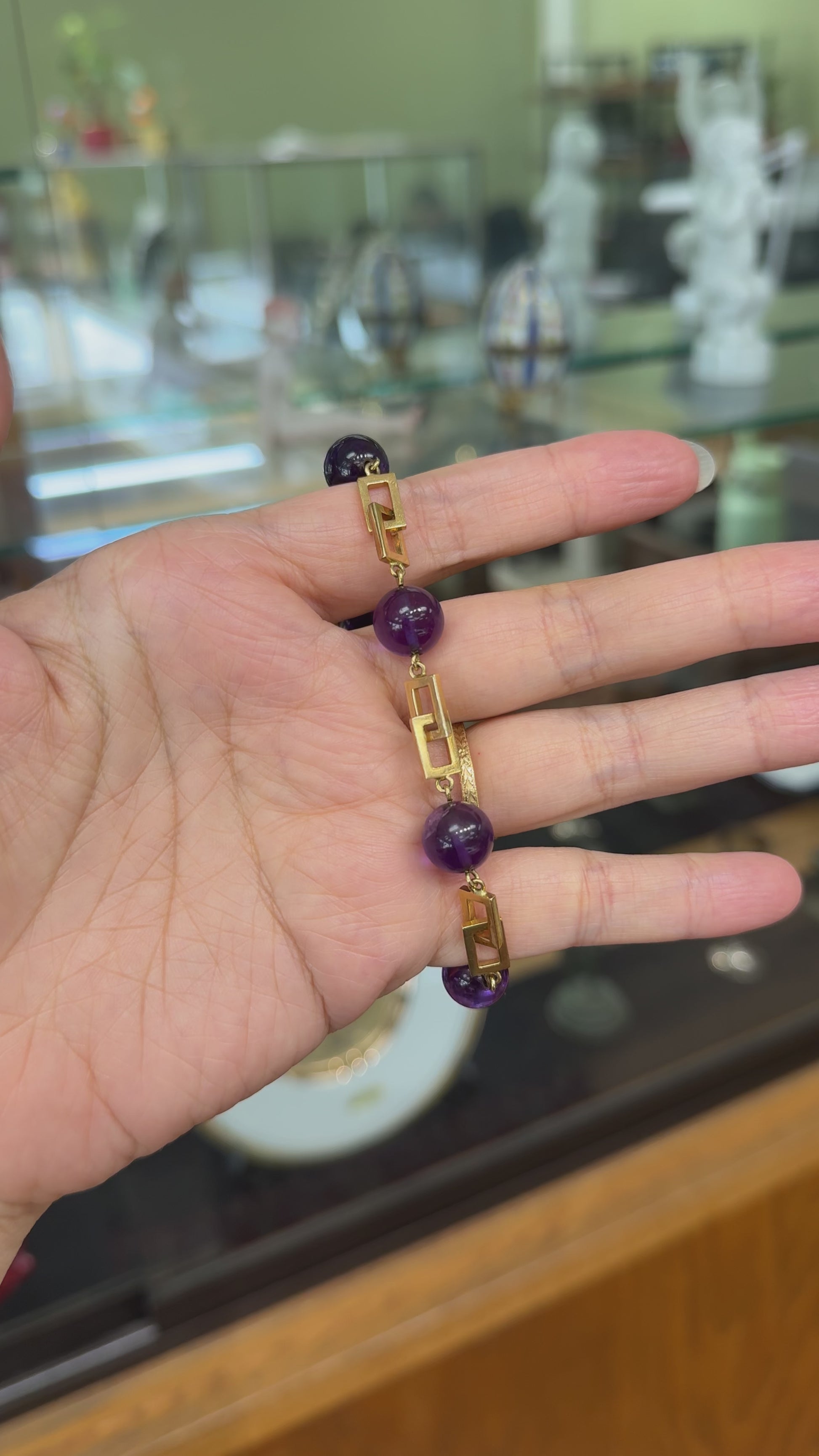 Vintage 1950's Amethyst Cabochon Geometric Bracelet 14k Yellow Gold