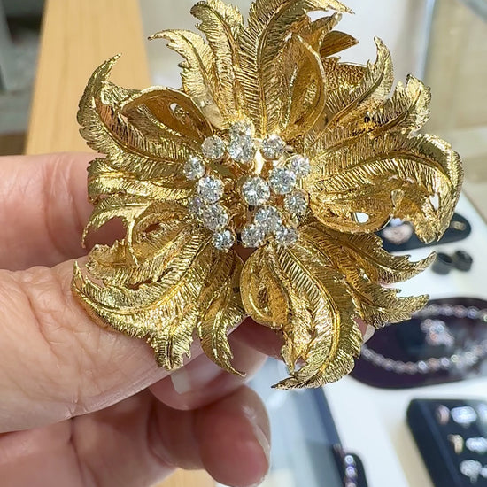 Vintage Robert Altman Articulating Diamond Flower Brooch 14k Yellow Gold