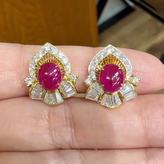 Vintage Ruby Cabochon and Diamond Clip On Earrings 18k Gold