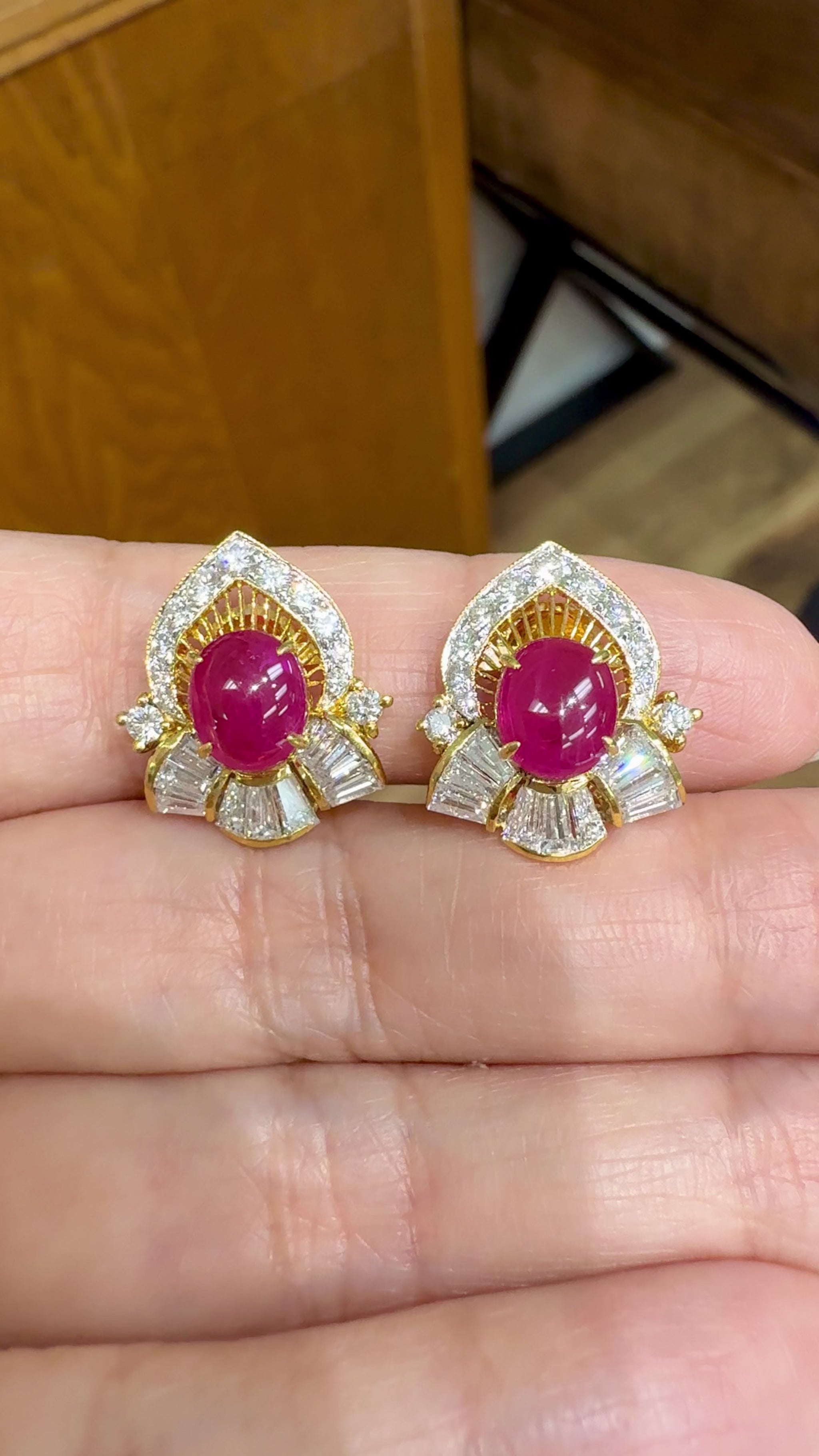 Vintage Ruby Cabochon and Diamond Clip On Earrings 18k Gold