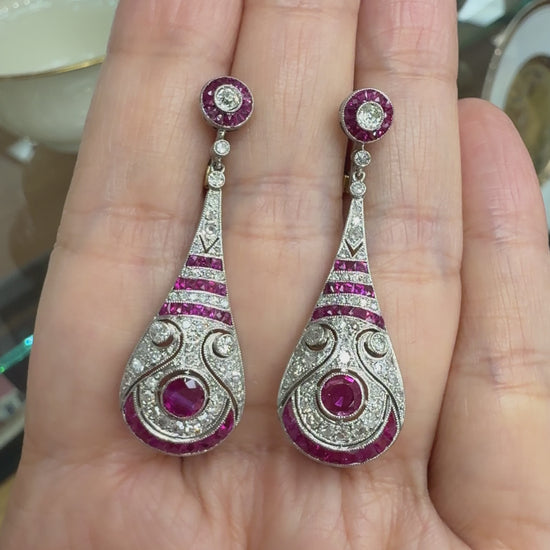 Estate Ruby and Old Cut Diamond Dangle Earrings Platinum/14k Gold