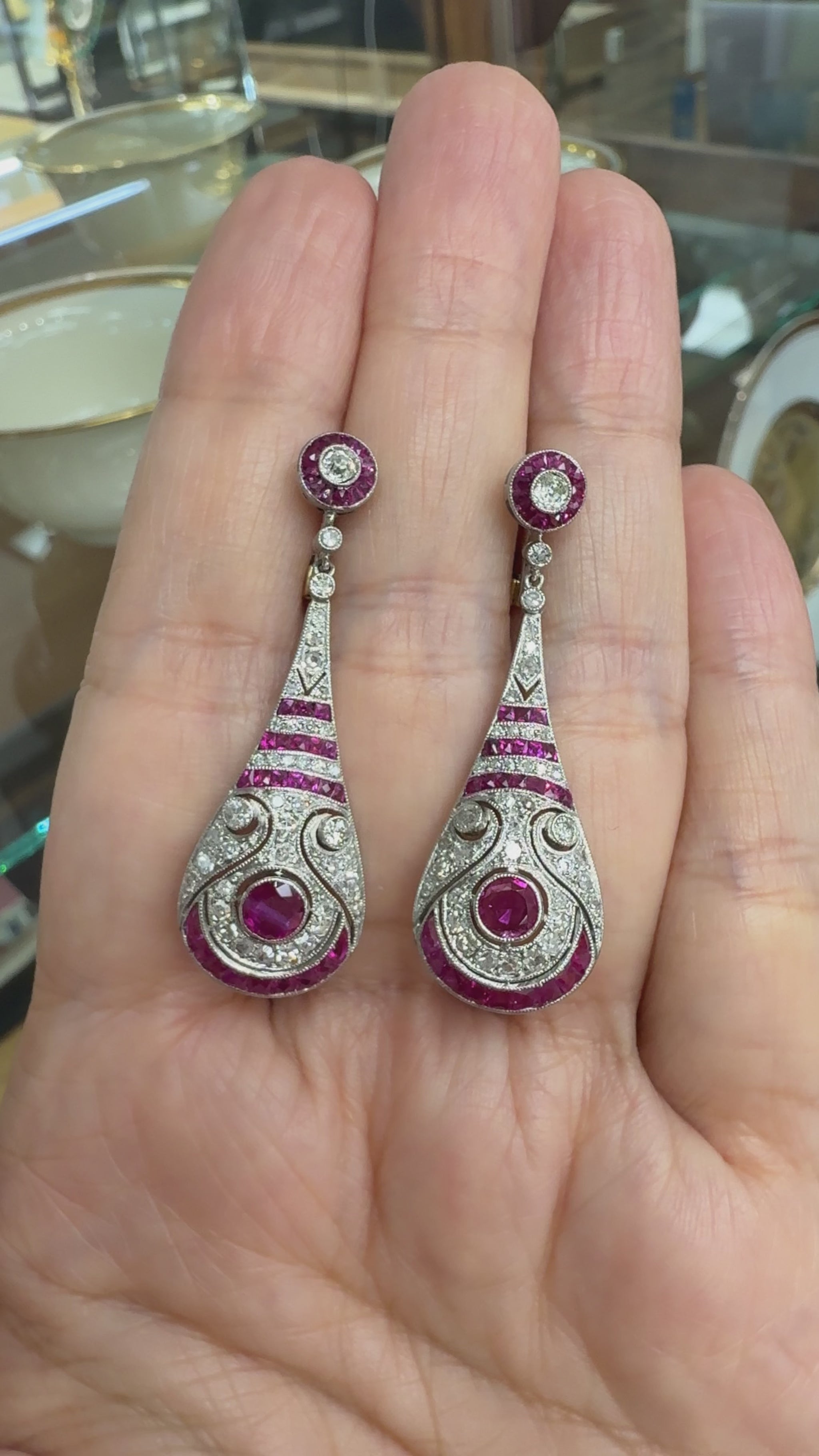 Estate Ruby and Old Cut Diamond Dangle Earrings Platinum/14k Gold