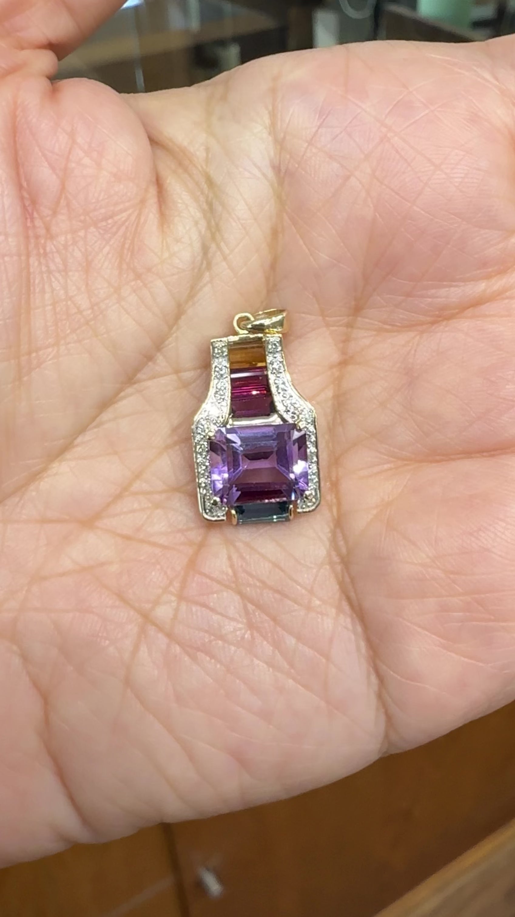 Colorful Multi-Gemstone and Diamond Pendant 14k Gold