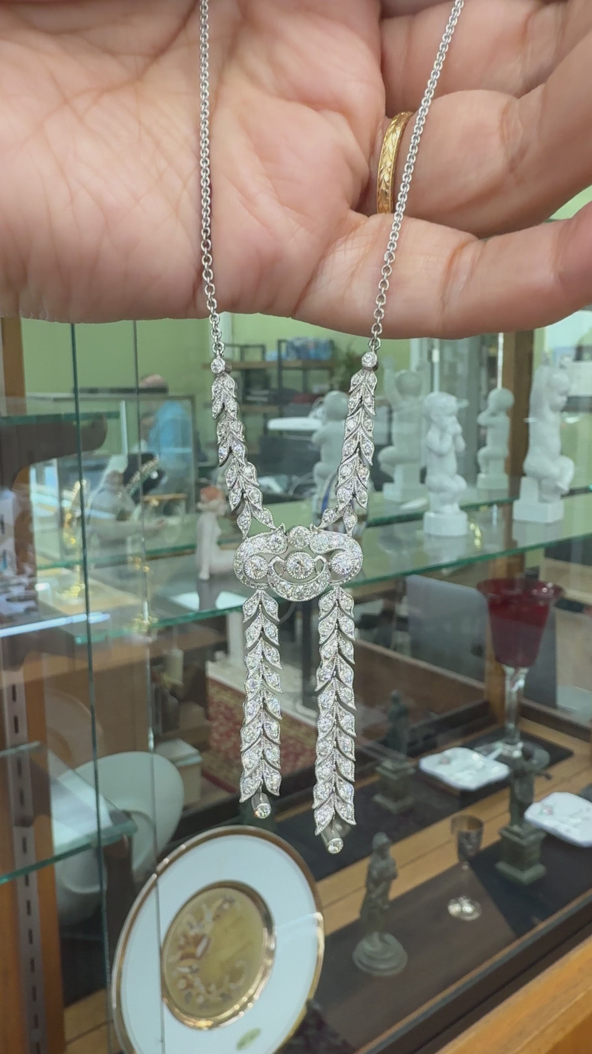 Antique 1910 Edwardian Old Cut Diamond Drop Necklace Platinum