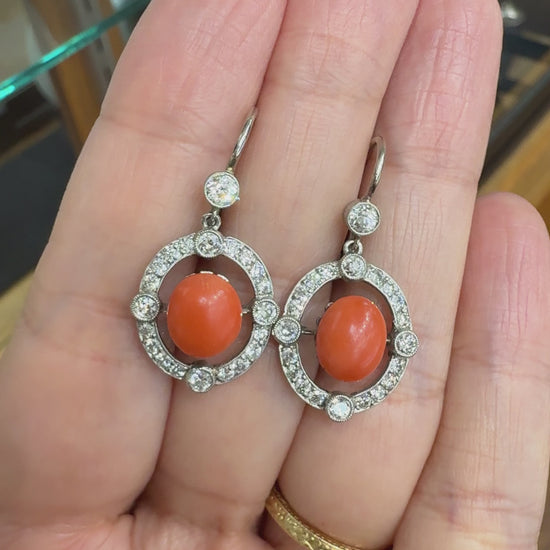 Antique 1925 Art Deco Coral and Old European Diamond Earrings Plat/14k