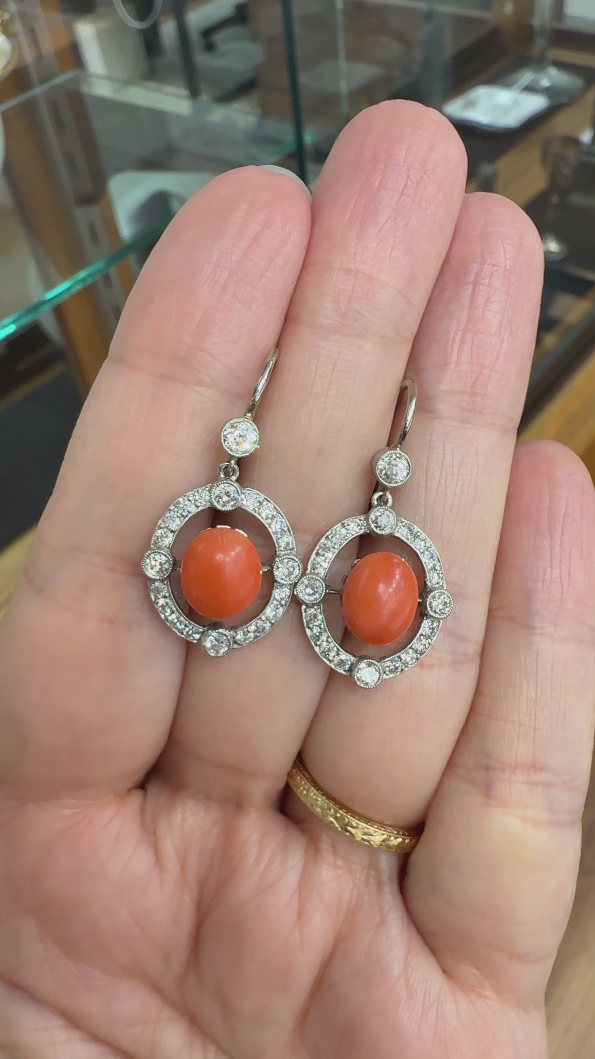 Antique 1925 Art Deco Coral and Old European Diamond Earrings Plat/14k