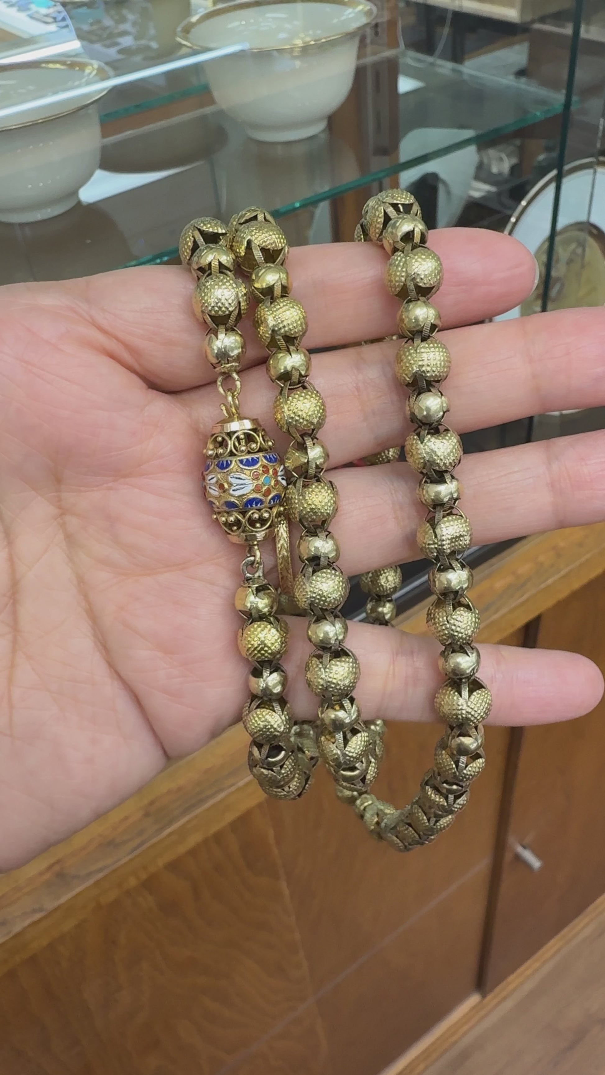 Antique 1890's Victorian Enamel Clasp Long Necklace 14k-17k Yellow Gold
