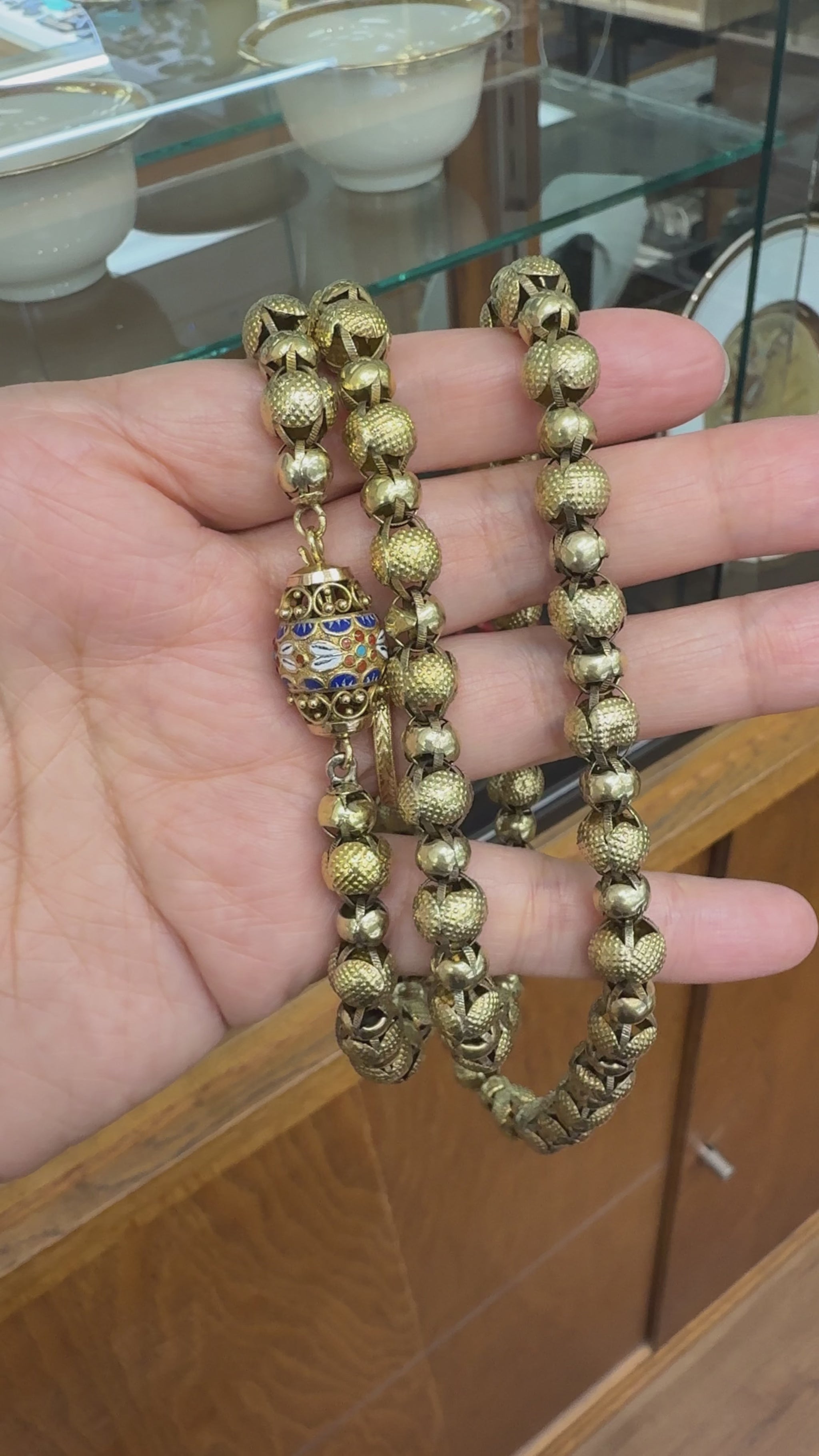 Antique 1890's Victorian Enamel Clasp Long Necklace 14k-17k Yellow Gold