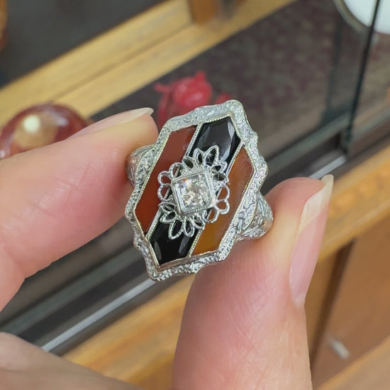 Antique 1925 Art Deco Carnelian and Onyx Diamond Filigree Ring 14k White Gold